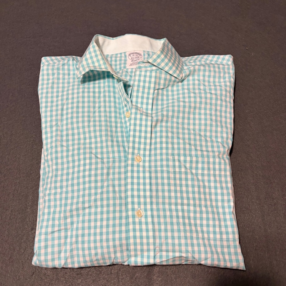 Brooks Brothers Button Down Shirt Mens  L/XL 16-36 Teal White Gingham Work Prep